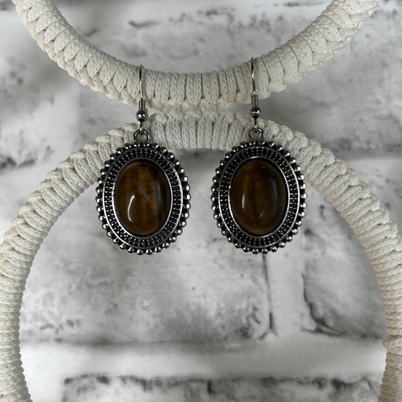 NWT South African Yellow Tiger’s Eye Dangle Earrings Silver - Picture 2 of 6